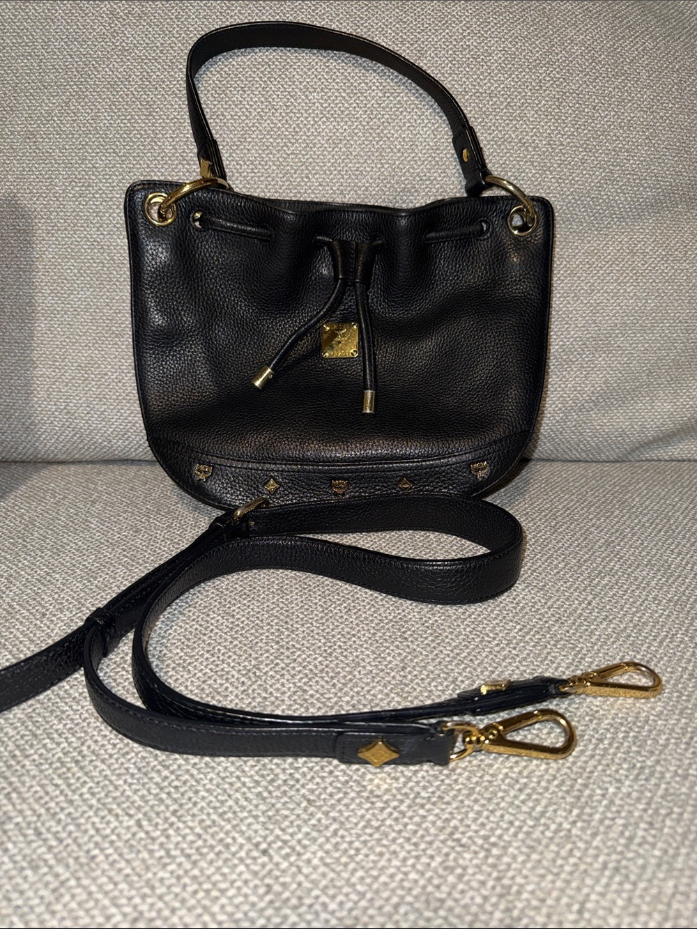 MCM Black Pebbled Leather Drawstring small bucket Shoulder or Crossbody